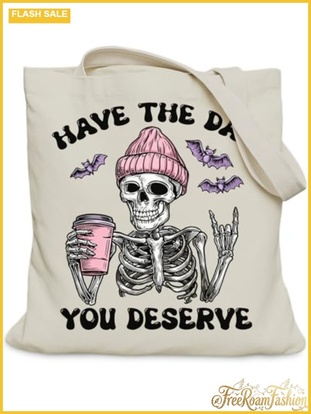 Canvas Tote Bag Women Medium Spacious Zippered Pocket Reusable Halloween